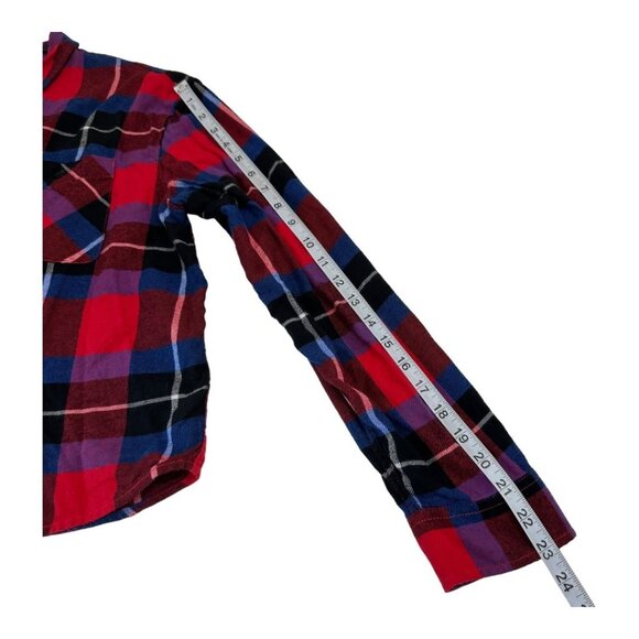 EXPRESS Women SZ M Red Plaid Flannel Cropped Button Down Shirt Long Sleeve - Picture 6 of 11